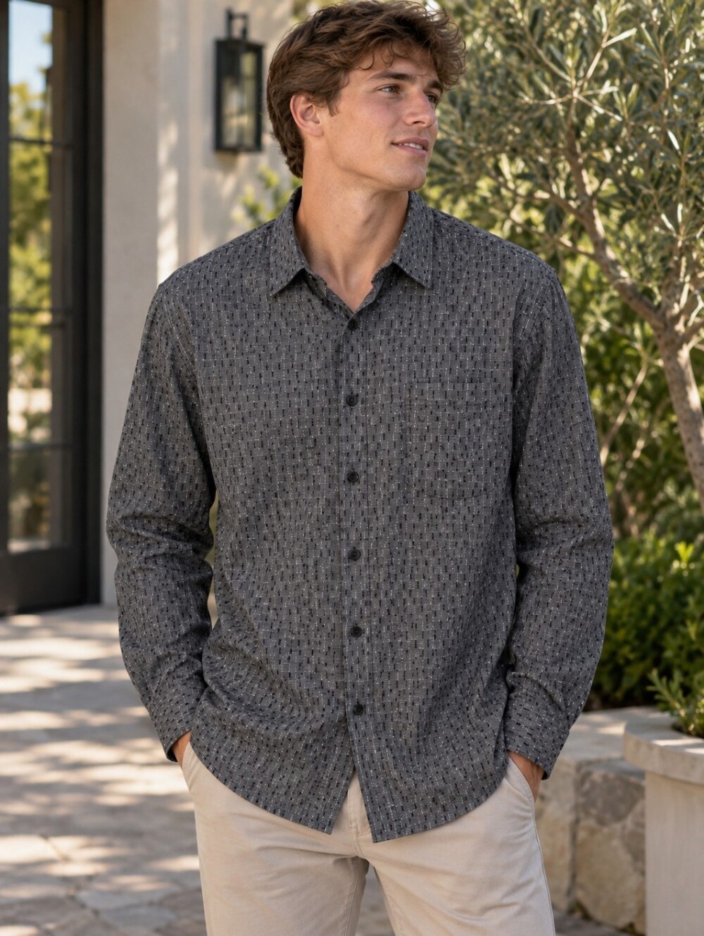 Berkam men’s charcoal gray long sleeve button-down shirt Geometric Print XL